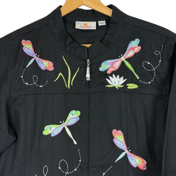 Quacker Factory Black Embroidered Dragonflies Jacket Sz Large Zip Up Colorful - Picture 2 of 10